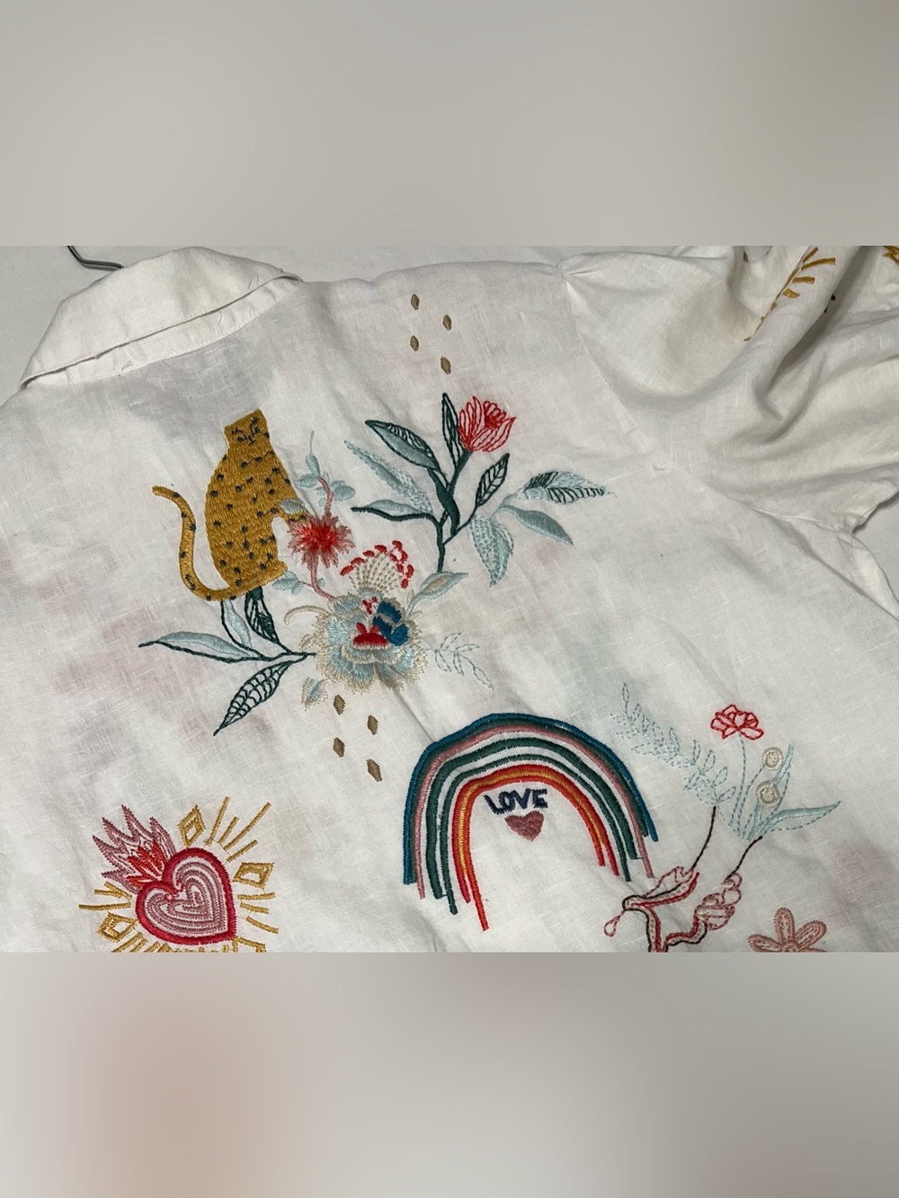 Johnny Was 100% Linen Embroidered Puff Sleeve Button Top White Size M - Picture 4 of 13